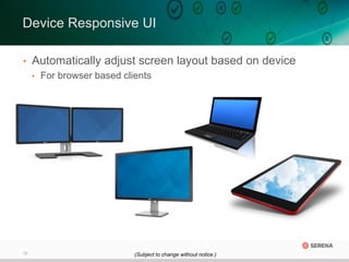13
• Automatically adjust screen layout based on device
• For browser based clients
Device Responsive UI
(Subject to change without notice.)
 