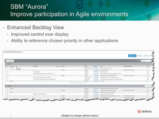 7
• Enhanced Backlog View
• Improved control over display
• Ability to reference chosen priority in other applications
SBM “Aurora”
Improve participation in Agile environments
(Subject to change without notice.)
 