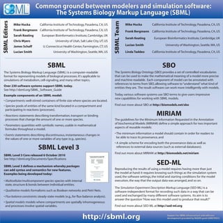 TM


                               Common ground between modelers and simulation software:
                                    The Systems Biology Markup Language (SBML)
SBML Editors




                                                                                         SBML Team
               Mike Hucka        California Institute of Technology, Pasadena, CA, US                Mike Hucka         California Institute of Technology, Pasadena, CA, US
               Frank Bergmann California Institute of Technology, Pasadena, CA, US                   Frank Bergmann California Institute of Technology, Pasadena, CA, US
               Sarah Keating       European Bioinformatics Institute, Cambridge, UK
                                                                                                     Sarah Keating       European Bioinformatics Institute, Cambridge, UK
               Chris Myers                  University of Utah, Salt Lake City, UT, US
               James Schaff        U. Connecticut Health Center, Farmington, CT, US                  Lucian Smith                 University of Washington, Seattle, WA, US

               Lucian Smith                University of Washington, Seattle, WA, US                 Linda Taddeo       California Institute of Technology, Pasadena, CA, US



                                       SBML                                                                                    SBO
  The Systems Biology Markup Language (SBML) is a computer-readable                       The Systems Biology Ontology (SBO) provides a set of controlled vocabularies
  format for representing models of biological processes. It's applicable to              that can be used to make the mathematical meaning of a model more precise
  simulations of metabolism, cell-signaling, and many other topics.                       and machine-readable. Each component of model can be annotated with
                                                                                          references to terms from SBO, allowing software to “understand” what kind of
  Over 230 software systems support SBML today.
                                                                                          entities they are. The result: software can work more intelligently with models.
  See http://sbml.org/SBML_Software_Guide
  Example components of an SBML model:                                                    Today, various software systems use SBO terms to give users impressive
                                                                                          new capabilities for working with SBML models.
  • Compartments: well-stirred containers of finite size where species are located.
  • Species: pools of entities of the same kind located in a compartment and              Find out more about SBO at http://biomodels.net/sbo
    participating in reactions (processes).
  • Reactions: statements describing transformation, transport or binding                                                  MIRIAM
    processes that change the amount of one or more species.                              The guidelines for the Minimum Information Requested in the Annotation
                                                                                          of biochemical Models (MIRIAM) define a simple approach for two important
  • Parameters: quantities with symbolic names, usable in mathematical
                                                                                          aspects of reusable models:
    formulas throughout a model.
  • Events: statements describing discontinuous, instantaneous changes in                 • The minimum information a model should contain in order for readers to
    the values of one or more variables of any type (e.g., species).                        be able to trace its provenance, and
                                                                                          • A simple scheme for encoding both the provenance data as well as
                                SBML Level 3                                                references to external data sources (such as external databases).
                                                                                          Find out more about MIRIAM at http://biomodels.net/miriam
  SBML Level 3 Core released 6 October 2010
  See http://sbml.org/Documents/Specifications

  SBML Level 3 defines a mechanism whereby packages
                                                                                                                           SED-ML
  can add syntax and semantics for new features.                                          Reproducing the results of using a model requires having more than just
  Examples being developed today:                                                         the model at hand: it requires knowing such things as the simulation system
                                                                                          used, the software settings, the initial and starting conditions for the model
  • Multicellular/multicomponent species: species with internal                           execution, the way that the output data was arranged, and so on.
    state, structure & bonds between individual entities.
                                                                                          The Simulation Experiment Description Markup Language (SED-ML) is a
  • Qualitative models: formalisms such as Boolean networks and Petri Nets.               software-independent format for recording such data in a way that can be
  • Flux balance constraints: steady-state models (e.g., for flux-balance analysis).      used and exchanged by many different software systems. Its aim is to
                                                                                          answer the question “How was this model used to produce that result?”
  • Spatial models: models where compartments are spatially inhomogeneous
    and processes involve spatial variables.                                              Find out more about SED-ML at http://sed-ml.org


                                                                  http://sbml.org                                                  Support for SBML infrastructure and software
                                                                                                                                   development provided by NIGMS grant GM070923.
 