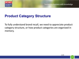 Product Category Structure
To fully understand brand recall, we need to appreciate product
category structure, or how product categories are organized in
memory.
2.23
 