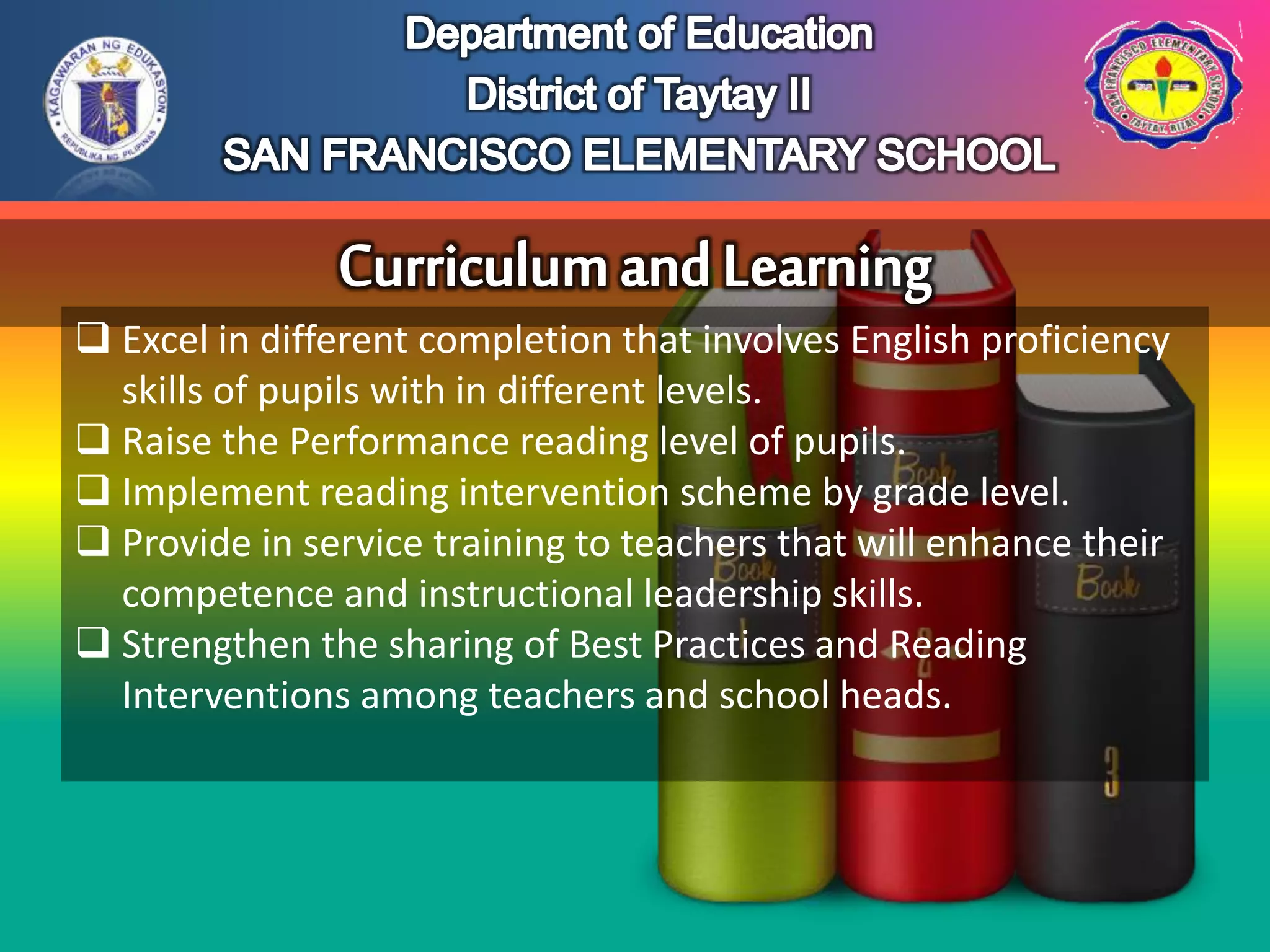  Excel in different completion that involves English proficiency
skills of pupils with in different levels.
 Raise the Performance reading level of pupils.
 Implement reading intervention scheme by grade level.
 Provide in service training to teachers that will enhance their
competence and instructional leadership skills.
 Strengthen the sharing of Best Practices and Reading
Interventions among teachers and school heads.
 