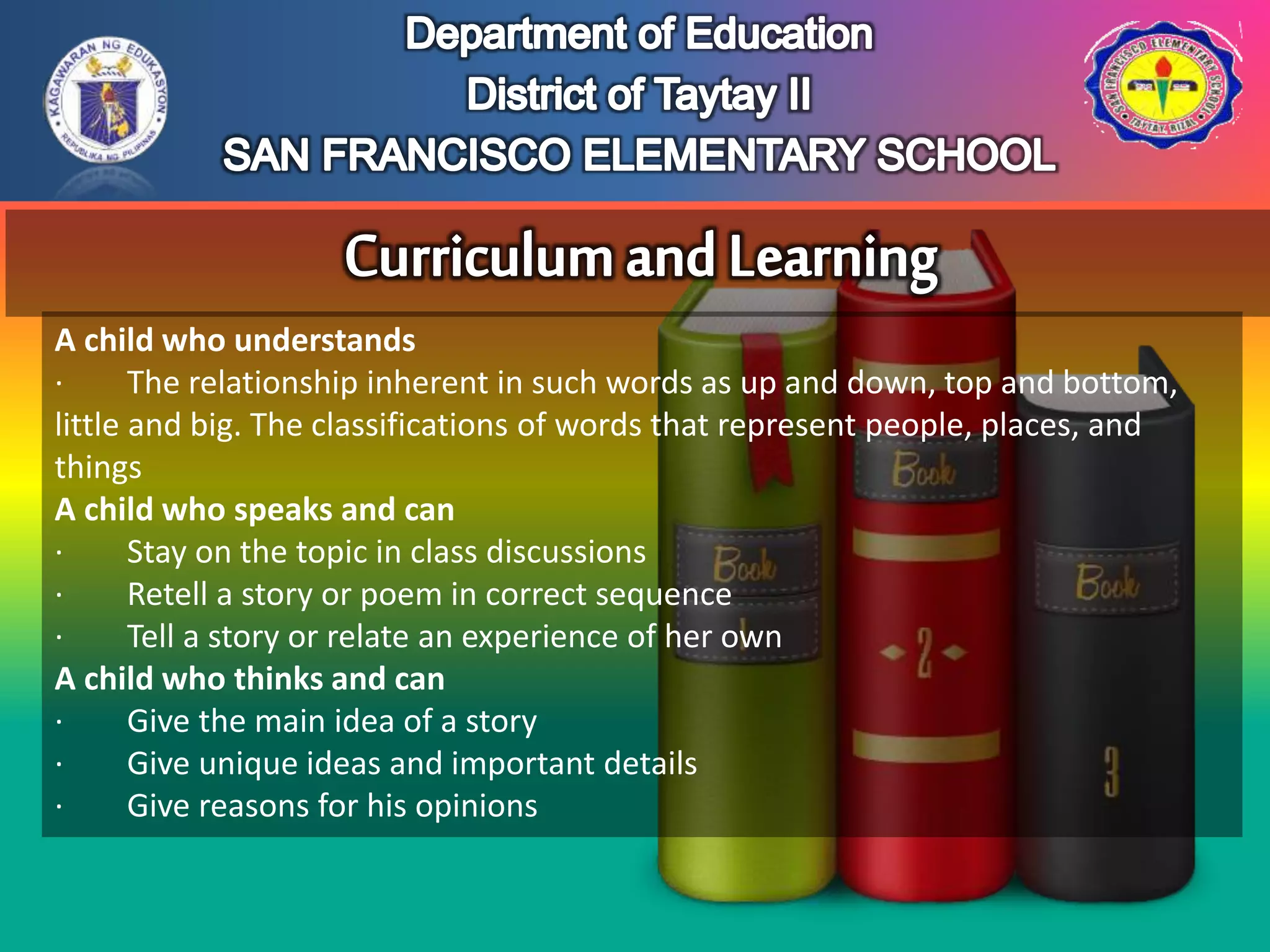 A child who understands
· The relationship inherent in such words as up and down, top and bottom,
little and big. The classifications of words that represent people, places, and
things
A child who speaks and can
· Stay on the topic in class discussions
· Retell a story or poem in correct sequence
· Tell a story or relate an experience of her own
A child who thinks and can
· Give the main idea of a story
· Give unique ideas and important details
· Give reasons for his opinions
 