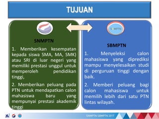17/01/2017
TUJUAN
SNMPTN
1. Memberikan kesempatan
kepada siswa SMA, MA, SMK)
atau SRI di luar negeri yang
memiliki prestasi unggul untuk
memperoleh pendidikan
tinggi,
2. Memberikan peluang pada
PTN untuk mendapatkan calon
mahasiswa baru yang
mempunyai prestasi akademik
tinggi
SBMPTN
1. Menyeleksi calon
mahasiswa yang diprediksi
mampu menyelesaikan studi
di perguruan tinggi dengan
baik.
2. Memberi peluang bagi
calon mahasiswa untuk
memilih lebih dari satu PTN
lintas wilayah.
 