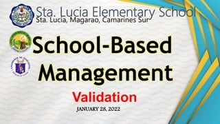 School-Based
Management
JANUARY 28, 2022
Validation
Sta. Lucia Elementary School
Sta. Lucia, Magarao, Camarines Sur
 