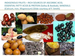 INDIGENOUS FRUITS – RICH SOURCES OF ASCORBIC ACID,
ESSENTIAL FATTY ACIDS & PROTEIN (Safou & Baobab), MINERALS
(Calcium, Iron, Magnesium) (Slide courtesy of F. Smith)
 