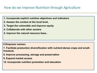 1. Incorporate explicit nutrition objectives and indicators
2. Assess the context at the local level,
3. Target the vulnerable and improve equity
4. Collaborate with other sectors
5. Improve the natural resource base..
6 Empower women.
7. Facilitate production diversification with nutrient-dense crops and small-
livestock.
8. Improve processing, storage and preservation
9. Expand market access
10. Incorporate nutrition promotion and education
How do we improve Nutrition through Agriculture
 
