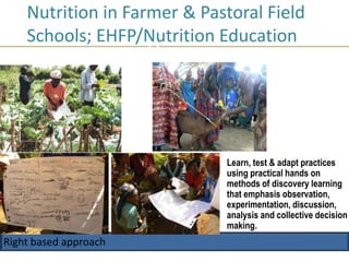 Approach
Right based approach
Learn, test & adapt practices
using practical hands on
methods of discovery learning
that emphasis observation,
experimentation, discussion,
analysis and collective decision
making.
Nutrition in Farmer & Pastoral Field
Schools; EHFP/Nutrition Education
 