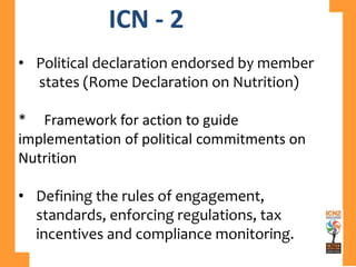 ICN - 2
• Political declaration endorsed by member
states (Rome Declaration on Nutrition)
* Framework for action to guide
implementation of political commitments on
Nutrition
• Defining the rules of engagement,
standards, enforcing regulations, tax
incentives and compliance monitoring.
 