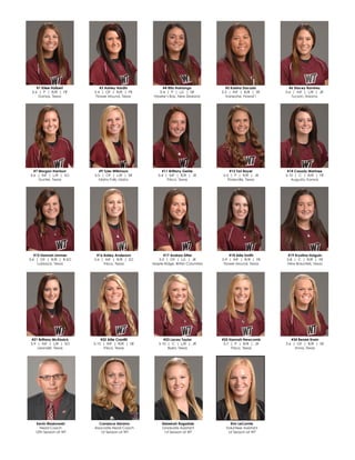 #1 Kilee Halbert
5-6 | P | R/R | FR
Dumas, Texas
#3 Ashley Hardin
5-4 | OF | R/R | FR
Flower Mound, Texas
#4 Rita Hokianga
5-4 | P | L/L | SR
Hawke’s Bay, New Zealand
#5 Kaisha Dacosin
5-3 | INF | R/R | SR
Kaneohe, Hawai’i
#6 Stacey Ramirez
5-6 | INF | L/R | JR
Tucson, Arizona
#7 Morgan Harrison
5-6 | INF | L/R | SO
Gunter, Texas
#9 Tyler Wilkinson
5-5 | OF | L/R | SR
Idaho Falls, Idaho
#11 Brittany Gehle
5-4 | INF | R/R | JR
Frisco, Texas
#13 Tori Bayer
5-5 | P | R/R | JR
Floresville, Texas
#14 Casady Marlnee
5-10 | C | R/R | FR
Augusta, Kansas
#15 Hannah Limmer
5-6 | OF | R/R | R-SO
Lubbock, Texas
#16 Bailey Anderson
5-6 | INF | R/R | SO
Frisco, Texas
#17 Andrea Sitter
5-5 | OF | L/L | JR
Maple Ridge, British Columbia
#18 Allie Smith
5-9 | INF | R/R | FR
Flower Mound, Texas
#19 Krystina Holguin
5-8 | C | R/R | FR
New Braunfels, Texas
#21 Brittany McKissick
5-9 | INF | L/R | SO
Leander, Texas
#22 Allie Cranfill
5-10 | INF | R/R | SR
Frisco, Texas
#23 Lacey Taylor
5-10 | C | L/R | JR
Byers, Texas
#25 Hannah Newcomb
5-7 | P | R/R | JR
Frisco, Texas
#34 Renee Erwin
5-6 | OF | R/R | SR
Anna, Texas
Kevin Blaskowski
Head Coach
10th Season at WT
Candace Abrams
Associate Head Coach
1st Season at WT
Rebekah Ragsdale
Graduate Assistant
1st Season at WT
Kim LeComte
Volunteer Assistant
1st Season at WT
 