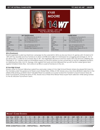 WWW.GOBUFFSGO.COM | @WTSOFTBALL | #BUFFNATION
Year	Avg	GP-GS	AB	R	 H	 2B	3B	HR	RBI	TB	SLG%	BB	HBP	SO	GDP	OB%	SF	SH	SB-ATT
2017	 .397 	 47-45 	 136 	 46 	 54 	 12 	 0 	 18 	 52 	 120 	 .882 	 13 	 6 	 25 	 0 	 .468 	 1 	 0 	 0-0
2016	 .349 	 31-10 	 43 	 13 	 15 	 4 	 0 	 4 	 20 	 31 	 .721 	 11 	 1 	 8 	 0 	 .491 	 0 	 0 	 1-1
TOTAL	.385	78-55	179	59	69	16	0	 22	72	151	.844	24	7	33	0	 .474	1	 0	 1-1
Moore’s Career Statistics
2017 SEASON HIGHS
At Bats	 5	 #1 Oklahoma City (4-18-17)
Runs	 4	 at Cameron (4-14-17)
Hits	 3 (3x)	 last, vs. Cameron (5-5-17)
Doubles	 3	 at Cameron (4-15-17)
Triples	 -	-
Home Runs	 2 (2x)	 last, at Cameron (4-14-17)
RBI	 4	 at Cameron (4-14-17)
Walks	 2	 Western New Mexico (3-12-17)
Stolen Bases	 -	 -
CAREER HIGHS
At Bats	 5	 #1 Oklahoma City (4-18-17)
Runs	 4	 at Cameron (4-14-17)
Hits	 3 (3x)	 last, vs. Cameron (5-5-17)
Doubles	 3	 at Cameron (4-15-17)
Triples	 -	-
Home Runs	 2 (3x)	 last, at Cameron (4-14-17)
RBI	 6	 Chadron State (2-13-16)
Walks	 2	 Western New Mexico (3-12-17)
Stolen Bases	 1	 Lincoln (2-19-16)
2016 (Freshman):
Moore registered a solid true freshman campaign for the Lady Buffs in 2016 as she saw time in 31 games with 10 starts to hit
.349 with four doubles and four homeruns to drive in 20 RBI and collect 31 total bases for a slugging percentage of .721 to
go along with 11 walks for an on-base clip of .491. She registered 38 putouts and four assists with one error for a fielding per-
centage of .977. Moore made an immediate impact on the 2016 season as she connected on her first collegiate homerun
on Opening Day (Feb. 5) in St. George, Utah against Fort Lewis and she followed that up with her first career grand slam
against Chadron State (Feb. 13) to drive in six RBI on a pair of homeruns in the win.
At Van High School:
Moore came to Canyon following a great four-year prep career at Van High School (Texas) where she played first base for
the Vandals under the guidance of head coach Robert Klick. While at VHS, Moore was a two-time All-District selection in the
infield while picking up District Most Valuable Player accolades as a junior to lead the Vandals to back-to-back Texas 3A
State Tournaments. During her time at VHS, Moore was a three-time All-East Texas Super Team selection while being named
to the UIL All-State Tournament Team.
Sophomore | Infielder | 6-0 | L/R
Van, Texas (Van High School)
KYLEE
MOORE
14
2017 WT SOFTBALL GAME NOTES	 “IT’S WHO WE ARE” | UBUNTU
 