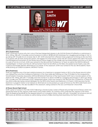 WWW.GOBUFFSGO.COM | @WTSOFTBALL | #BUFFNATION
2017 WT SOFTBALL GAME NOTES	 “IT’S WHO WE ARE” | UBUNTU
Year	Avg	GP-GS	AB	R	 H	 2B	3B	HR	RBI	TB	SLG%	BB	HBP	SO	GDP	OB%	SF	SH	SB-ATT
2017	 .430 	 51-51 	 158 	 31 	 68 	 19 	 1 	 7 	 51 	 110 	 .696 	 20 	 1 	 15 	 0 	 .492 	 2 	 0 	 0-1
2016	 .358 	 55-50 	 148 	 17 	 53 	 12 	 0 	 6 	 38 	 83 	 .561 	 18 	 2 	 16 	 1 	 .427 	 3 	 0 	 0-0
2015	.393	56-56	163	35	64	17	0	 9	 63	108	.663	16	6	20	2	 .460	2	 0	 0-0
TOTAL	.394	162-157	469	83	 185	48	 1	 22	 152	301	.642	54	9	 51	 3	 .460	7	 0	 0-1
2017 SEASON HIGHS
At Bats	 5 (3x)	 last, Texas AM-Kingsville (4-22-17)
Runs	 2 (8x)	 last, at UT Permian Basin (4-1-17)
Hits	 3 (4x)	 last, Texas AM-Kingsville (4-22-17)
Doubles	 3	 Midwestern State (3-26-17)
Triples	 1	 vs. #23 Dixie State (2-18-17)
Home Runs	 2	 at UT Permian Basin (4-1-17)
RBI	 4	 Western New Mexico (3-12-17)
Walks	 3	 at Tarleton State (3-4-17)
Stolen Bases	 -	 -
Smith’s Career Statistics
CAREER HIGHS
At Bats	 5 (7x)	 last, Texas AM-Kingsville (4-22-17)
Runs	 3 (3x)	 last, Fort Lewis (2-12-16)
Hits	 4	 at Eastern New Mexico (4-11-15)
Doubles	 3	 Midwestern State (3-26-17)
Triples	 2	 vs. Adams State (2-13-15)
Home Runs	 2	 at UT Permian Basin (4-1-17)
RBI	 6	 vs. Texas AM-Commerce (3-21-15)
Walks	 3	 at Tarleton State (3-4-17)
Stolen Bases	 -	 -
2016 (Sophomore):
Smith continued to prove why she’s one of the best designated players in all of NCAA Division II Softball as a sophomore in
2016, hitting .358 with 12 doubles and six homeruns to drive in 38 RBI with 83 total bases for a slugging percentage of .561 to
go along with 18 walks for an on-base clip of .427. Smith returned from offseason knee surgery just as strong as she saw time
in 55 games with 50 starts during the season, her biggest hit of the season came with WT’s back against the wall in the South
Central Regional Tournament as the Flower Mound native singled up the middle with the bases loaded and one out to drive
in a pair of runs for a 4-3 win. Smith was named to the All-Lone Star Conference 1st Team as well as the D2CCA All-South
Central Region 1st Team and the LSC All-Tournament Team for her efforts on the field, she added to her trophy case with
a D2CCA Honorable Mention All-American accolade. In the classroom, Smith was named to the LSC All-Academic Team
while picking up CoSIDA Academic All-District honors.
2015 (Freshman):
Smith put together one of the best statistical seasons for a freshman in program history in 2015 as the Flower Mound native
was tabbed the Lone Star Conference Freshman of the Year while also finishing as a Top-10 Finalists for the inaugural Na-
tional Fastpitch Coaches Association (NFCA) DII National Freshman of the Year Award. Smith had a monster season at the
plate for WT, hitting .393 with 17 doubles and nine homeruns to drive in 63 RBI for a slugging percentage of .663 to go along
with 16 walks and 100 total bases as WT’s designated player. Smith was named to the All-Lone Star Conference 1st Team for
her efforts while also being named All-Region by the NFCA (2nd Team) and Daktronics (1st Team). Smith became the first
freshman in program history to be tabbed an All-American as she picked up a pair of honors by the NFCA (3rd Team) and
Daktronics (1st Team). She also excelled in the classroom, being named to the LSC Commissioner’s Honor Roll.
At Flower Mound High School:
Smith came to Canyon in the Fall of 2015 following a standout prep career at Flower Mound High School (Texas) where she
played first base for the Jaguars under head coach Mark Larriba. As a senior in 2014, Smith led the Jaguars to the Texas
Class 5A Regional Semifinals for the deepest playoff run in program history, hitting .492 with 14 doubles, six homeruns and 42
RBI to pick-up All-State accolades as well as being named a Dallas Morning News SportsDay 2nd Team honoree.
Junior | Infielder | 5-9 | R/R
Flower Mound, Texas (Flower Mound High School)
ALLIE
SMITH
18
 