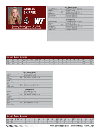 WWW.GOBUFFSGO.COM | @WTSOFTBALL | #BUFFNATION
Year	 ERA	 W-L	 App	 GS	 CG	 SHO	SV	 IP	 H	 R	 ER	 BB	 SO	 2B	 3B	 HR	 BF	 B/Avg
2016	 2.78	5-1	 8	 6	 2	 2	 0	 27.2	25	 11	 11	 9	 15	2	 1	 2	 118	 .245
TOTAL	 2.78	5-1	 8	 6	 2	 2	 0	 27.2	25	 11	 11	 9	 15	2	 1	 2	 118	 .245
2016 SEASON HIGHS
Innings Pitched	 5.2	 #20 Tarleton State (2-26-16)
Strikeouts	 7	 Lincoln (2-19-16)
Walks	 2 (3x)	 last, Cameron (3-26-16)
Hits Allowed	 5	 at Midwestern State (3-4-16)
Runs Allowed	 6	 Cameron (3-26-16)
Earned Runs	 6	 Cameron (3-26-16)
CAREER HIGHS
Innings Pitched	 5.2	 #20 Tarleton State (2-26-16)
Strikeouts	 7	 Lincoln (2-19-16)
Walks	 2 (3x)	 last, Cameron (3-26-16)
Hits Allowed	 5	 at Midwestern State (3-4-16)
Runs Allowed	 6	 Cameron (3-26-16)
Earned Runs	 6	 Cameron (3-26-16)
Freshman | Pitcher/Infielder | 5-9 | R/R
Campbell, California (Campbell High School)
CHELSEA
SKIPPER
4
Skipper’s Career Statistics
Year	Avg	GP-GS	AB	R	 H	 2B	3B	HR	RBI	TB	SLG%	BB	HBP	SO	GDP	OB%	SF	SH	SB-ATT
2016	.286	17-7	7	6	2	0	0	0	0	2	.286	2	0	2	0	.444	0	0	0-0
TOTAL	.286	17-7	7	6	2	0	0	0	0	2	.286	2	0	2	0	.444	0	0	0-0
Skipper’s Career Statistics
2016 SEASON HIGHS
At Bats	 2	 Fort Lewis (2-12-16)
Runs	 2	 Fort Lewis (2-12-16)
Hits	 1 (2x)	 last, Adams State (2-14-16)
Doubles	 -	-
Triples	 -	-
Home Runs	 -	 -
RBI	 -	 -
Walks	 1 (2x)	 last, Newman (2-21-16)
Stolen Bases	 -	 -
CAREER HIGHS
At Bats	 2	 Fort Lewis (2-12-16)
Runs	 2	 Fort Lewis (2-12-16)
Hits	 1 (2x)	 last, Adams State (2-14-16)
Doubles	 -	-
Triples	 -	-
Home Runs	 -	 -
RBI	 -	 -
Walks	 1 (2x)	 last, Newman (2-21-16)
Stolen Bases	 -	 -
 