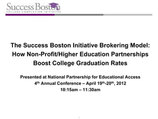 The Success Boston Initiative Brokering Model:
How Non-Profit/Higher Education Partnerships
       Boost College Graduation Rates

   Presented at National Partnership for Educational Access
         4th Annual Conference – April 19th-20th, 2012
                      10:15am – 11:30am




                              1
 