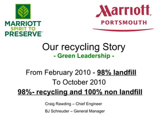Our recycling Story - Green Leadership - From February 2010 -  98% landfill To October 2010  98%- recycling and 100% non landfill Craig Rawding – Chief Engineer BJ Schreuder – General Manager 