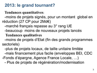 2013: le grand tournant?
Tendances quantitatives:
-moins de projets signés, pour un montant global en
réduction (27 CP pour 2Md€)
-marché français repasse au 3° rang UE
-beaucoup moins de nouveaux projets lancés
Tendances qualitatives
-moins de projets d’Etat (fin des grands programmes
sectoriels)
-plus de projets locaux, de taille unitaire limitée
-mais financement plus facile (enveloppes BEI, CDC
-Fonds d’épargne, Agence France Locale, …)
- Plus de projets de régénération/modernisation
3

 