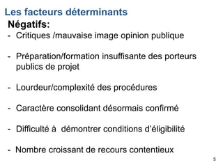 Les facteurs déterminants
Négatifs:
- Critiques /mauvaise image opinion publique
- Préparation/formation insuffisante des porteurs
publics de projet
- Lourdeur/complexité des procédures
- Caractère consolidant désormais confirmé
- Difficulté à démontrer conditions d’éligibilité
- Nombre croissant de recours contentieux
5

 