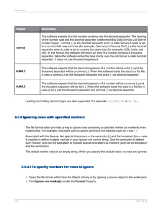 File formats

Format

Description

{none}

The software expects that the number contains only the decimal separator. The reading
of the number data and this decimal separator is determined by Data Service Job Server
Locale Region. Comma (,) is the decimal separator when is Data Service Locale is set
to a country that uses commas (for example, Germany or France). Dot (.) is the decimal
separator when Locale is set to country that uses dots (for example, USA, India, and
UK). In this format, the software will return an error if a number contains a thousand
separator. When the software writes the data, it only uses the Job Server Locale decimal
separator. It does not use thousand separators.

#,##0.0

The software expects that the decimal separator of a number will be a dot (.) and the
thousand separator will be a comma (,). When the software loads the data to a flat file,
it uses a comma (,) as the thousand separator and a dot (.) as decimal separator.

#.##0,0

The software expects that the decimal separator of a number will be a comma (,) and
the thousand separator will be dot (.). When the software loads the data to a flat file, it
uses a dot (.) as the thousand separator and comma (,) as decimal separator.

Leading and trailing decimal signs are also supported. For example: +12,000.00 or 32.32-.

6.5.4 Ignoring rows with specified markers
The file format editor provides a way to ignore rows containing a specified marker (or markers) when
reading files. For example, you might want to ignore comment line markers such as # and //.
Associated with this feature, two special characters — the semicolon (;) and the backslash () — make
it possible to define multiple markers in your ignore row marker string. Use the semicolon to delimit
each marker, and use the backslash to indicate special characters as markers (such as the backslash
and the semicolon).
The default marker value is an empty string. When you specify the default value, no rows are ignored.

6.5.4.1 To specify markers for rows to ignore
1. Open the file format editor from the Object Library or by opening a source object in the workspace.
2. Find Ignore row marker(s) under the Format Property.

134

2011-06-09

 