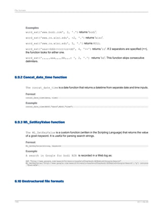 File formats

Examples
word_ext('www.bodi.com', 2, '.') returns 'bodi'.
word_ext('www.cs.wisc.edu', -2, '.') returns 'wisc'.
word_ext('www.cs.wisc.edu', 5, '.') returns NULL.
word_ext('aaa+=bbb+=ccc+zz=dd', 4, '+=') returns 'zz'. If 2 separators are specified (+=),
the function looks for either one.
word_ext(',,,,,aaa,,,,bb,,,c ', 2, '.') returns 'bb'. This function skips consecutive
delimiters.

6.9.2 Concat_date_time function
The concat_date_time is a date function that returns a datetime from separate date and time inputs.
Format
concat_date_time(date, time)

Example
concat_date_time(MS40."date",MS40."time")

6.9.3 WL_GetKeyValue function
The WL_GetKeyValue is a custom function (written in the Scripting Language) that returns the value
of a given keyword. It is useful for parsing search strings.
Format
WL_GetKeyValue(string, keyword)

Example
A search in Google for bodi B2B is recorded in a Web log as:
GET "http://www.google.com/search?hl=en&lr=&safe=off&q=bodi+B2B&btnG=Google+Search"
WL_GetKeyValue('http://www.google.com/search?hl=en&lr=&safe=off&q=bodi+B2B&btnG=Google+Search','q') returns
'bodi+B2B'.

6.10 Unstructured file formats

149

2011-06-09

 