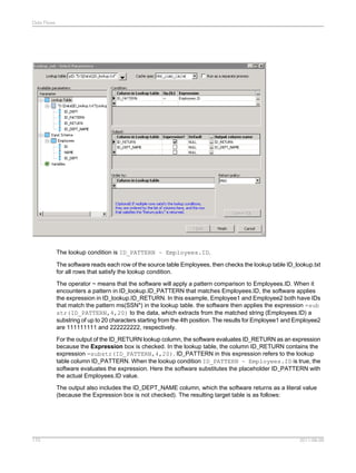 Data Flows

The lookup condition is ID_PATTERN ~ Employees.ID.
The software reads each row of the source table Employees, then checks the lookup table ID_lookup.txt
for all rows that satisfy the lookup condition.
The operator ~ means that the software will apply a pattern comparison to Employees.ID. When it
encounters a pattern in ID_lookup.ID_PATTERN that matches Employees.ID, the software applies
the expression in ID_lookup.ID_RETURN. In this example, Employee1 and Employee2 both have IDs
that match the pattern ms(SSN*) in the lookup table. the software then applies the expression =sub
str(ID_PATTERN,4,20) to the data, which extracts from the matched string (Employees.ID) a
substring of up to 20 characters starting from the 4th position. The results for Employee1 and Employee2
are 111111111 and 222222222, respectively.
For the output of the ID_RETURN lookup column, the software evaluates ID_RETURN as an expression
because the Expression box is checked. In the lookup table, the column ID_RETURN contains the
expression =substr(ID_PATTERN,4,20). ID_PATTERN in this expression refers to the lookup
table column ID_PATTERN. When the lookup condition ID_PATTERN ~ Employees.ID is true, the
software evaluates the expression. Here the software substitutes the placeholder ID_PATTERN with
the actual Employees.ID value.
The output also includes the ID_DEPT_NAME column, which the software returns as a literal value
(because the Expression box is not checked). The resulting target table is as follows:

170

2011-06-09

 