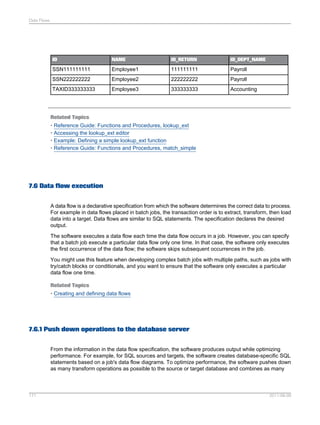 Data Flows

ID

NAME

ID_RETURN

ID_DEPT_NAME

SSN111111111

Employee1

111111111

Payroll

SSN222222222

Employee2

222222222

Payroll

TAXID333333333

Employee3

333333333

Accounting

Related Topics
• Reference Guide: Functions and Procedures, lookup_ext
• Accessing the lookup_ext editor
• Example: Defining a simple lookup_ext function
• Reference Guide: Functions and Procedures, match_simple

7.6 Data flow execution
A data flow is a declarative specification from which the software determines the correct data to process.
For example in data flows placed in batch jobs, the transaction order is to extract, transform, then load
data into a target. Data flows are similar to SQL statements. The specification declares the desired
output.
The software executes a data flow each time the data flow occurs in a job. However, you can specify
that a batch job execute a particular data flow only one time. In that case, the software only executes
the first occurrence of the data flow; the software skips subsequent occurrences in the job.
You might use this feature when developing complex batch jobs with multiple paths, such as jobs with
try/catch blocks or conditionals, and you want to ensure that the software only executes a particular
data flow one time.
Related Topics
• Creating and defining data flows

7.6.1 Push down operations to the database server
From the information in the data flow specification, the software produces output while optimizing
performance. For example, for SQL sources and targets, the software creates database-specific SQL
statements based on a job's data flow diagrams. To optimize performance, the software pushes down
as many transform operations as possible to the source or target database and combines as many

171

2011-06-09

 