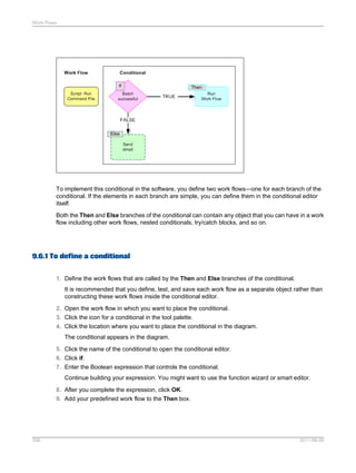 Work Flows

To implement this conditional in the software, you define two work flows—one for each branch of the
conditional. If the elements in each branch are simple, you can define them in the conditional editor
itself.
Both the Then and Else branches of the conditional can contain any object that you can have in a work
flow including other work flows, nested conditionals, try/catch blocks, and so on.

9.6.1 To define a conditional
1. Define the work flows that are called by the Then and Else branches of the conditional.
It is recommended that you define, test, and save each work flow as a separate object rather than
constructing these work flows inside the conditional editor.
2. Open the work flow in which you want to place the conditional.
3. Click the icon for a conditional in the tool palette.
4. Click the location where you want to place the conditional in the diagram.
The conditional appears in the diagram.
5. Click the name of the conditional to open the conditional editor.
6. Click if.
7. Enter the Boolean expression that controls the conditional.
Continue building your expression. You might want to use the function wizard or smart editor.
8. After you complete the expression, click OK.
9. Add your predefined work flow to the Then box.

206

2011-06-09

 