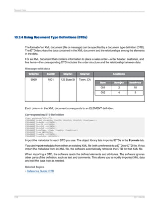 Nested Data

10.3.4 Using Document Type Definitions (DTDs)
The format of an XML document (file or message) can be specified by a document type definition (DTD).
The DTD describes the data contained in the XML document and the relationships among the elements
in the data.
For an XML document that contains information to place a sales order—order header, customer, and
line items—the corresponding DTD includes the order structure and the relationship between data.
Message with data
OrderNo

CustID

ShipTo1

ShipTo2

9999

1001

123 State St

LineItems

Town, CA
Item

ItemQty

ItemPrice

001

2

10

002

4

5

Each column in the XML document corresponds to an ELEMENT definition.
Corresponding DTD Definition
<?xml encoding="UTF-8"?>
<!ELEMENT Order (OrderNo, CustID, ShipTo1, ShipTo2, LineItems+)>
<!ELEMENT OrderNo (#PCDATA)>
<!ELEMENT CustID (#PCDATA)>
<!ELEMENT ShipTo1 (#PCDATA)>
<!ELEMENT ShipTo2 (#PCDATA)>
<!ELEMENT LineItems (Item, ItemQty, ItemPrice)>
<!ELEMENT Item (#PCDATA)>
<!ELEMENT ItemQty (#PCDATA)>
<!ELEMENT ItemPrice (#PCDATA)>

Import the metadata for each DTD you use. The object library lists imported DTDs in the Formats tab.
You can import metadata from either an existing XML file (with a reference to a DTD) or DTD file. If you
import the metadata from an XML file, the software automatically retrieves the DTD for that XML file.
When importing a DTD, the software reads the defined elements and attributes. The software ignores
other parts of the definition, such as text and comments. This allows you to modify imported XML data
and edit the data type as needed.
Related Topics
• Reference Guide: DTD

228

2011-06-09

 