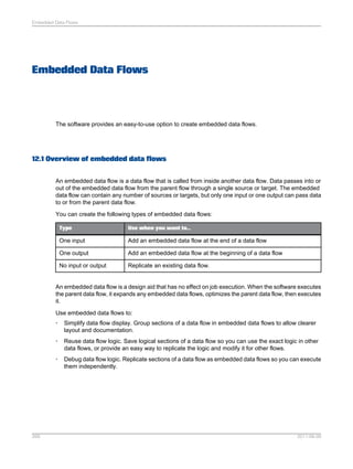 Embedded Data Flows

Embedded Data Flows

The software provides an easy-to-use option to create embedded data flows.

12.1 Overview of embedded data flows
An embedded data flow is a data flow that is called from inside another data flow. Data passes into or
out of the embedded data flow from the parent flow through a single source or target. The embedded
data flow can contain any number of sources or targets, but only one input or one output can pass data
to or from the parent data flow.
You can create the following types of embedded data flows:
Type

Use when you want to...

One input

Add an embedded data flow at the end of a data flow

One output

Add an embedded data flow at the beginning of a data flow

No input or output

Replicate an existing data flow.

An embedded data flow is a design aid that has no effect on job execution. When the software executes
the parent data flow, it expands any embedded data flows, optimizes the parent data flow, then executes
it.
Use embedded data flows to:
•
•

Reuse data flow logic. Save logical sections of a data flow so you can use the exact logic in other
data flows, or provide an easy way to replicate the logic and modify it for other flows.

•

269

Simplify data flow display. Group sections of a data flow in embedded data flows to allow clearer
layout and documentation.

Debug data flow logic. Replicate sections of a data flow as embedded data flows so you can execute
them independently.

2011-06-09

 
