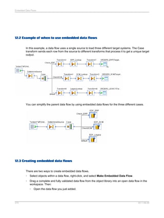 Embedded Data Flows

12.2 Example of when to use embedded data flows
In this example, a data flow uses a single source to load three different target systems. The Case
transform sends each row from the source to different transforms that process it to get a unique target
output.

You can simplify the parent data flow by using embedded data flows for the three different cases.

12.3 Creating embedded data flows
There are two ways to create embedded data flows.
•

Select objects within a data flow, right-click, and select Make Embedded Data Flow.

•

Drag a complete and fully validated data flow from the object library into an open data flow in the
workspace. Then:
•

270

Open the data flow you just added.

2011-06-09

 