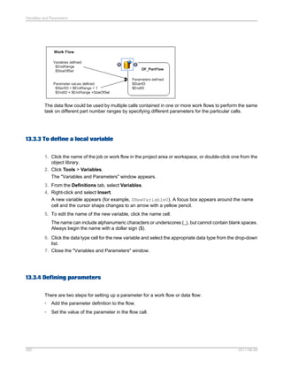 Variables and Parameters

The data flow could be used by multiple calls contained in one or more work flows to perform the same
task on different part number ranges by specifying different parameters for the particular calls.

13.3.3 To define a local variable
1. Click the name of the job or work flow in the project area or workspace, or double-click one from the
object library.
2. Click Tools > Variables.
The "Variables and Parameters" window appears.
3. From the Definitions tab, select Variables.
4. Right-click and select Insert.
A new variable appears (for example, $NewVariable0). A focus box appears around the name
cell and the cursor shape changes to an arrow with a yellow pencil.
5. To edit the name of the new variable, click the name cell.
The name can include alphanumeric characters or underscores (_), but cannot contain blank spaces.
Always begin the name with a dollar sign ($).
6. Click the data type cell for the new variable and select the appropriate data type from the drop-down
list.
7. Close the "Variables and Parameters" window.

13.3.4 Defining parameters
There are two steps for setting up a parameter for a work flow or data flow:
•
•

282

Add the parameter definition to the flow.
Set the value of the parameter in the flow call.

2011-06-09

 