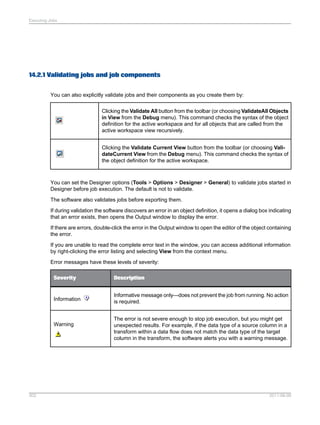 Executing Jobs

14.2.1 Validating jobs and job components
You can also explicitly validate jobs and their components as you create them by:
Clicking the Validate All button from the toolbar (or choosing ValidateAll Objects
in View from the Debug menu). This command checks the syntax of the object
definition for the active workspace and for all objects that are called from the
active workspace view recursively.
Clicking the Validate Current View button from the toolbar (or choosing ValidateCurrent View from the Debug menu). This command checks the syntax of
the object definition for the active workspace.

You can set the Designer options (Tools > Options > Designer > General) to validate jobs started in
Designer before job execution. The default is not to validate.
The software also validates jobs before exporting them.
If during validation the software discovers an error in an object definition, it opens a dialog box indicating
that an error exists, then opens the Output window to display the error.
If there are errors, double-click the error in the Output window to open the editor of the object containing
the error.
If you are unable to read the complete error text in the window, you can access additional information
by right-clicking the error listing and selecting View from the context menu.
Error messages have these levels of severity:
Severity

Description

Information

Informative message only—does not prevent the job from running. No action
is required.

Warning

302

The error is not severe enough to stop job execution, but you might get
unexpected results. For example, if the data type of a source column in a
transform within a data flow does not match the data type of the target
column in the transform, the software alerts you with a warning message.

2011-06-09

 