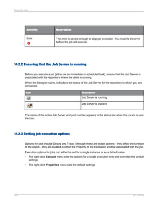Executing Jobs

Severity

Description

Error

The error is severe enough to stop job execution. You must fix the error
before the job will execute.

14.2.2 Ensuring that the Job Server is running
Before you execute a job (either as an immediate or scheduled task), ensure that the Job Server is
associated with the repository where the client is running.
When the Designer starts, it displays the status of the Job Server for the repository to which you are
connected.
Icon

Description

Job Server is running
Job Server is inactive

The name of the active Job Server and port number appears in the status bar when the cursor is over
the icon.

14.2.3 Setting job execution options
Options for jobs include Debug and Trace. Although these are object options—they affect the function
of the object—they are located in either the Property or the Execution window associated with the job.
Execution options for jobs can either be set for a single instance or as a default value.
•
•

303

The right-click Execute menu sets the options for a single execution only and overrides the default
settings
The right-click Properties menu sets the default settings

2011-06-09

 