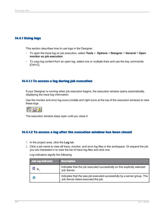 Executing Jobs

14.4.1 Using logs
This section describes how to use logs in the Designer.
•

To open the trace log on job execution, select Tools > Options > Designer > General > Open
monitor on job execution.

•

To copy log content from an open log, select one or multiple lines and use the key commands
[Ctrl+C].

14.4.1.1 To access a log during job execution
If your Designer is running when job execution begins, the execution window opens automatically,
displaying the trace log information.
Use the monitor and error log icons (middle and right icons at the top of the execution window) to view
these logs.

The execution window stays open until you close it.

14.4.1.2 To access a log after the execution window has been closed
1. In the project area, click the Log tab.
2. Click a job name to view all trace, monitor, and error log files in the workspace. Or expand the job
you are interested in to view the list of trace log files and click one.
Log indicators signify the following:
Job Log Indicator

N_

Description

Indicates that the job executed successfully on this explicitly selected
Job Server.
Indicates that the was job executed successfully by a server group. The
Job Server listed executed the job.

307

2011-06-09

 