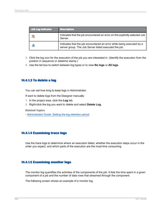 Executing Jobs

Job Log Indicator

Description

Indicates that the job encountered an error on this explicitly selected Job
Server.
Indicates that the job encountered an error while being executed by a
server group. The Job Server listed executed the job.

3. Click the log icon for the execution of the job you are interested in. (Identify the execution from the
position in sequence or datetime stamp.)
4. Use the list box to switch between log types or to view No logs or All logs.

14.4.1.3 To delete a log
You can set how long to keep logs in Administrator.
If want to delete logs from the Designer manually:
1. In the project area, click the Log tab.
2. Right-click the log you want to delete and select Delete Log.
Related Topics
• Administrator Guide: Setting the log retention period

14.4.1.4 Examining trace logs
Use the trace logs to determine where an execution failed, whether the execution steps occur in the
order you expect, and which parts of the execution are the most time consuming.

14.4.1.5 Examining monitor logs
The monitor log quantifies the activities of the components of the job. It lists the time spent in a given
component of a job and the number of data rows that streamed through the component.
The following screen shows an example of a monitor log.

308

2011-06-09

 