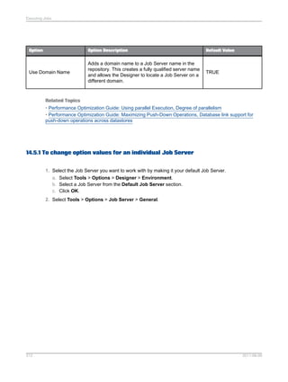 Executing Jobs

Option

Option Description

Default Value

Use Domain Name

Adds a domain name to a Job Server name in the
repository. This creates a fully qualified server name
and allows the Designer to locate a Job Server on a
different domain.

TRUE

Related Topics
• Performance Optimization Guide: Using parallel Execution, Degree of parallelism
• Performance Optimization Guide: Maximizing Push-Down Operations, Database link support for
push-down operations across datastores

14.5.1 To change option values for an individual Job Server
1. Select the Job Server you want to work with by making it your default Job Server.
a. Select Tools > Options > Designer > Environment.
b. Select a Job Server from the Default Job Server section.
c. Click OK.
2. Select Tools > Options > Job Server > General.

312

2011-06-09

 