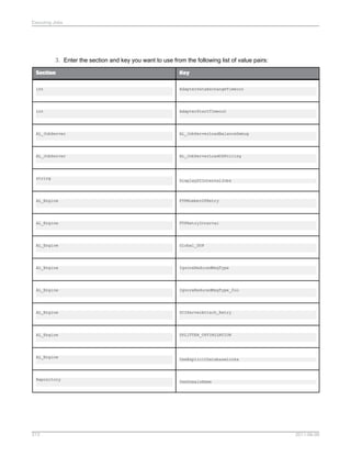 Executing Jobs

3. Enter the section and key you want to use from the following list of value pairs:
Section

Key

int

AdapterDataExchangeTimeout

int

AdapterStartTimeout

AL_JobServer

AL_JobServerLoadBalanceDebug

AL_JobServer

AL_JobServerLoadOSPolling

string

DisplayDIInternalJobs

AL_Engine

FTPNumberOfRetry

AL_Engine

FTPRetryInterval

AL_Engine

Global_DOP

AL_Engine

IgnoreReducedMsgType

AL_Engine

IgnoreReducedMsgType_foo

AL_Engine

OCIServerAttach_Retry

AL_Engine

SPLITTER_OPTIMIZATION

AL_Engine

Repository

313

UseExplicitDatabaseLinks

UseDomainName

2011-06-09

 