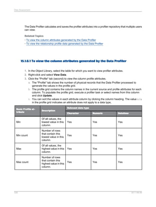 Data Assessment

The Data Profiler calculates and saves the profiler attributes into a profiler repository that multiple users
can view.
Related Topics
• To view the column attributes generated by the Data Profiler
• To view the relationship profile data generated by the Data Profiler

15.1.6.1 To view the column attributes generated by the Data Profiler
1. In the Object Library, select the table for which you want to view profiler attributes.
2. Right-click and select View Data.
3. Click the "Profile" tab (second) to view the column profile attributes.
a. The "Profile" tab shows the number of physical records that the Data Profiler processed to
generate the values in the profile grid.
b. The profile grid contains the column names in the current source and profile attributes for each
column. To populate the profile grid, execute a profiler task or select names from this column
and click Update.
c. You can sort the values in each attribute column by clicking the column heading. The value n/a
in the profile grid indicates an attribute does not apply to a data type,
Relevant data type

Basic Profile attribute

Description

Min

Character

Numeric

Datetime

Of all values, the
lowest value in this
column.

Yes

Yes

Yes

Min count

Number of rows
that contain this
lowest value in this
column.

Yes

Yes

Yes

Max

Of all values, the
highest value in this
column.

Yes

Yes

Yes

Max count

Number of rows
that contain this
highest value in this
column.

Yes

Yes

Yes

328

2011-06-09

 