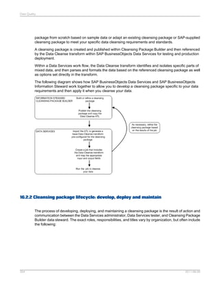Data Quality

package from scratch based on sample data or adapt an existing cleansing package or SAP-supplied
cleansing package to meet your specific data cleansing requirements and standards.
A cleansing package is created and published within Cleansing Package Builder and then referenced
by the Data Cleanse transform within SAP BusinessObjects Data Services for testing and production
deployment.
Within a Data Services work flow, the Data Cleanse transform identifies and isolates specific parts of
mixed data, and then parses and formats the data based on the referenced cleansing package as well
as options set directly in the transform.
The following diagram shows how SAP BusinessObjects Data Services and SAP BusinessObjects
Information Steward work together to allow you to develop a cleansing package specific to your data
requirements and then apply it when you cleanse your data.

16.2.2 Cleansing package lifecycle: develop, deploy and maintain
The process of developing, deploying, and maintaining a cleansing package is the result of action and
communication between the Data Services administrator, Data Services tester, and Cleansing Package
Builder data steward. The exact roles, responsibilities, and titles vary by organization, but often include
the following:

354

2011-06-09

 