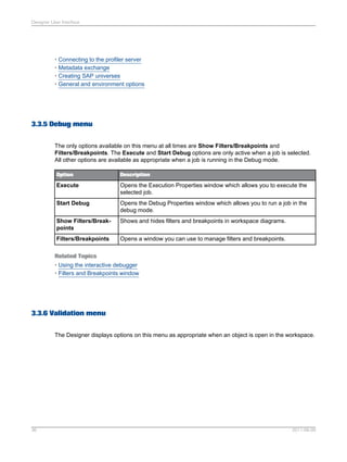 Designer User Interface

• Connecting to the profiler server
• Metadata exchange
• Creating SAP universes
• General and environment options

3.3.5 Debug menu
The only options available on this menu at all times are Show Filters/Breakpoints and
Filters/Breakpoints. The Execute and Start Debug options are only active when a job is selected.
All other options are available as appropriate when a job is running in the Debug mode.
Option

Description

Execute

Opens the Execution Properties window which allows you to execute the
selected job.

Start Debug

Opens the Debug Properties window which allows you to run a job in the
debug mode.

Show Filters/Breakpoints

Shows and hides filters and breakpoints in workspace diagrams.

Filters/Breakpoints

Opens a window you can use to manage filters and breakpoints.

Related Topics
• Using the interactive debugger
• Filters and Breakpoints window

3.3.6 Validation menu
The Designer displays options on this menu as appropriate when an object is open in the workspace.

36

2011-06-09

 
