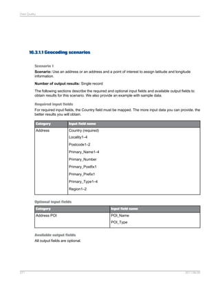 Data Quality

16.3.1.1 Geocoding scenarios
Scenario 1
Scenario: Use an address or an address and a point of interest to assign latitude and longitude
information.
Number of output results: Single record
The following sections describe the required and optional input fields and available output fields to
obtain results for this scenario. We also provide an example with sample data.
Required input fields
For required input fields, the Country field must be mapped. The more input data you can provide, the
better results you will obtain.
Category

Input field name

Address

Country (required)
Locality1–4
Postcode1–2
Primary_Name1–4
Primary_Number
Primary_Postfix1
Primary_Prefix1
Primary_Type1–4
Region1–2

Optional input fields
Category

Input field name

Address POI

POI_Name
POI_Type

Available output fields
All output fields are optional.

371

2011-06-09

 