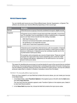 Data Quality

16.4.6.2 Source types
You can identify each source as one of three different types: Normal, Suppression, or Special. The
software can process your records differently depending on their source type.
Source

Description

Normal

A Normal source is a group of records considered to be good, eligible records.

Suppress

A Suppress source contains records that would often disqualify a record from
use. For example, if you’re using Match to refine a mailing source, a suppress
source can help remove records from the mailing. Examples:
•
•
•
•

Special

DMA Mail Preference File
American Correctional Association prisons/jails sources
No pandering or non-responder sources
Credit card or bad-check suppression sources

A Special source is treated like a Normal source, with one exception. A Special
source is not counted in when determining whether a match group is singlesource or multi-source. A Special source can contribute records, but it’s not
counted toward multi-source status.
For example, some companies use a source of seed names. These are names
of people who report when they receive advertising mail, so that the mailer
can measure mail delivery. Appearance on the seed source is not counted
toward multi-source status.

The reason for identifying the source type is to set that identity for each of the records that are members
of the source. Source type plays an important role in controling priority (order) of records in break group,
how the software processes matching records (the members of match groups), and how the software
produces output (that is, whether it includes or excludes a record from its output).

16.4.6.2.1 To manually define input sources
Once you have mapped in an input field that contains the source values, you can create your sources
in the Match Editor.
1. In the Match Editor, select Transform Options in the explorer pane on the left, click the Add button,
and select Input Sources.
The new Input Sources operation appears under Transform Options in the explorer pane. Select it
to view Input Source options.
2. In the Value field drop-down list, choose the field that contains the input source value.

402

2011-06-09

 