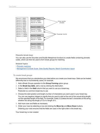 Data Quality

Phonetic break keys
You can also use the Soundex and Double Metaphone functions to create fields containing phonetic
codes, which can then be used to form break groups for matching.
Related Topics
• Phonetic matching
• Management Console Guide: Data Quality Reports, Match Contribution report

To create break groups
We recommend that you standardize your data before you create your break keys. Data can be treated
differently that is inconsistently cased, for example.
1. Add a Break Groups operation to the Group Forming option group.
2. in the Break key table, add a row by clicking the Add button.
3. Select a field in the field column that you want to use as a break key.
Postcode is a common break key to use.
4. Choose the start position and length (number of characters) you want used in your break key.
You can use negative integers to signify that you want to start at the end of the actual string length,
not the specified length of the field. For example, Field(-3,3) takes the last 3 characters of the string,
whether the string has length of 10 or a length of 5.
5. Add more rows and fields as necessary.
6. Order your rows by selecting a row and clicking the Move Up and Move Down buttons.
Ordering your rows ensures that the fields are used in the right order in the break key.
Your break key is now created.

408

2011-06-09

 