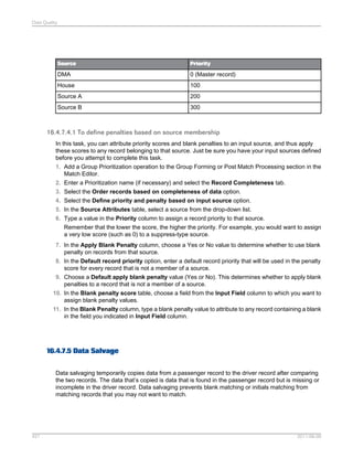 Data Quality

Source

Priority

DMA

0 (Master record)

House

100

Source A

200

Source B

300

16.4.7.4.1 To define penalties based on source membership
In this task, you can attribute priority scores and blank penalties to an input source, and thus apply
these scores to any record belonging to that source. Just be sure you have your input sources defined
before you attempt to complete this task.
1. Add a Group Prioritization operation to the Group Forming or Post Match Processing section in the
Match Editor.
2. Enter a Prioritization name (if necessary) and select the Record Completeness tab.
3. Select the Order records based on completeness of data option.
4. Select the Define priority and penalty based on input source option.
5. In the Source Attributes table, select a source from the drop-down list.
6. Type a value in the Priority column to assign a record priority to that source.
Remember that the lower the score, the higher the priority. For example, you would want to assign
a very low score (such as 0) to a suppress-type source.
7. In the Apply Blank Penalty column, choose a Yes or No value to determine whether to use blank
penalty on records from that source.
8. In the Default record priority option, enter a default record priority that will be used in the penalty
score for every record that is not a member of a source.
9. Choose a Default apply blank penalty value (Yes or No). This determines whether to apply blank
penalties to a record that is not a member of a source.
10. In the Blank penalty score table, choose a field from the Input Field column to which you want to
assign blank penalty values.
11. In the Blank Penalty column, type a blank penalty value to attribute to any record containing a blank
in the field you indicated in Input Field column.

16.4.7.5 Data Salvage
Data salvaging temporarily copies data from a passenger record to the driver record after comparing
the two records. The data that’s copied is data that is found in the passenger record but is missing or
incomplete in the driver record. Data salvaging prevents blank matching or initials matching from
matching records that you may not want to match.

421

2011-06-09

 