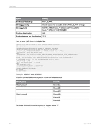 Data Quality

Option

Setting

Best record strategy

NON_BLANK

Strategy priority

Priority option not available for the NON_BLANK strategy.

Strategy field

NORTH_AMERICAN_PHONE1_NORTH_AMERICAN_PHONE_STANDARDIZED.

Posting destination

ALL

Post only once per destination YES
Here is what the Python code looks like.
# Setup local temp variable to store updated compare condition
dct = locals()
# Store source and destination values to temporary variables
# Reset the temporary variable when the destination changes
if (dct.has_key('BEST_RECORD_TEMP') and NEWDST.GetBuffer() == u'F'):
DESTINATION = dct['BEST_RECORD_TEMP']
else:
DESTINATION = DST.GetField(u'NORTH_AMERICAN_PHONE1_NORTH_AMERICAN_PHONE_STANDARDIZED')
SOURCE = SRC.GetField(u'NORTH_AMERICAN_PHONE1_NORTH_AMERICAN_PHONE_STANDARDIZED')
if len(SOURCE.strip()) > 0 and len(DESTINATION.strip()) == 0:
RET.SetBuffer(u'T')
dct['BEST_RECORD_TEMP'] = SOURCE
else:
RET.SetBuffer(u'F')
dct['BEST_RECORD_TEMP'] = DESTINATION
# Delete temporary variables
del SOURCE
del DESTINATION

Example: NEWDST and NEWGRP
Suppose you have two match groups, each with three records.
Match group

Records

Match group 1

Record A
Record B
Record C

Match group 2

Record D
Record E
Record F

Each new destination or match group is flagged with a "T".

443

2011-06-09

 
