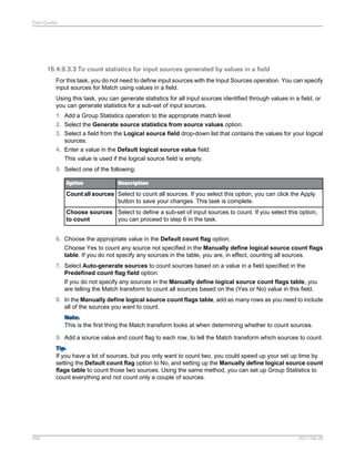 Data Quality

16.4.9.3.3 To count statistics for input sources generated by values in a field
For this task, you do not need to define input sources with the Input Sources operation. You can specify
input sources for Match using values in a field.
Using this task, you can generate statistics for all input sources identified through values in a field, or
you can generate statistics for a sub-set of input sources.
1. Add a Group Statistics operation to the appropriate match level.
2. Select the Generate source statistics from source values option.
3. Select a field from the Logical source field drop-down list that contains the values for your logical
sources.
4. Enter a value in the Default logical source value field.
This value is used if the logical source field is empty.
5. Select one of the following:
Option

Description

Count all sources Select to count all sources. If you select this option, you can click the Apply
button to save your changes. This task is complete.
Choose sources Select to define a sub-set of input sources to count. If you select this option,
to count
you can proceed to step 6 in the task.
6. Choose the appropriate value in the Default count flag option.
Choose Yes to count any source not specified in the Manually define logical source count flags
table. If you do not specify any sources in the table, you are, in effect, counting all sources.
7. Select Auto-generate sources to count sources based on a value in a field specified in the
Predefined count flag field option.
If you do not specify any sources in the Manually define logical source count flags table, you
are telling the Match transform to count all sources based on the (Yes or No) value in this field.
8. In the Manually define logical source count flags table, add as many rows as you need to include
all of the sources you want to count.
Note:
This is the first thing the Match transform looks at when determining whether to count sources.
9. Add a source value and count flag to each row, to tell the Match transform which sources to count.
Tip:
If you have a lot of sources, but you only want to count two, you could speed up your set up time by
setting the Default count flag option to No, and setting up the Manually define logical source count
flags table to count those two sources. Using the same method, you can set up Group Statistics to
count everything and not count only a couple of sources.

456

2011-06-09

 