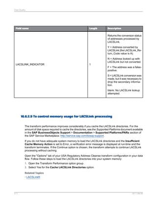 Data Quality

Field name

Length

Description

Returns the conversion status
of addresses processed by
LACSLink.
Y = Address converted by
LACSLink (the LACSLink_Return_Code value is A).
N = Address looked up with
LACSLink but not converted.
LACSLINK_INDICATOR

1
F = The address was a falsepositive.
S = LACSLink conversion was
made, but it was necessary to
drop the secondary information.
blank: No LACSLink lookup
attempted.

16.6.2.9 To control memory usage for LACSLink processing
The transform performance improves considerably if you cache the LACSLink directories. For the
amount of disk space required to cache the directories, see the Supported Platforms document available
in the SAP BusinessObjects Support > Documentation > Supported Platforms/PARs section of
the SAP Service Marketplace: http://service.sap.com/bosap-support.
If you do not have adequate system memory to load the LACSLink directories and the Insufficient
Cache Memory Action is set to Error, a verification error message is displayed at run-time and the
transform terminates. If the Continue option is chosen, the transform attempts to continue LACSLink
processing without caching.
Open the "Options" tab of your USA Regulatory Address Cleanse transform configuration in your data
flow. Follow these steps to load the LACSLink directories into your system memory:
1. Open the Transform Performance option group.
2. Select Yes for the Cache LACSLink Directories option.
Related Topics
• LACSLink®

517

2011-06-09

 