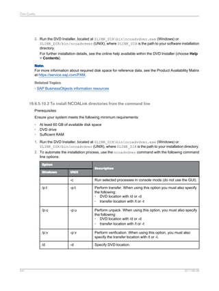 Data Quality

2. Run the DVD Installer, located at $LINK_DIRbinncoadvdver.exe (Windows) or
$LINK_DIR/bin/ncoadvdver (UNIX), where $LINK_DIR is the path to your software installation
directory.
For further installation details, see the online help available within the DVD Installer (choose Help
> Contents).
Note:
For more information about required disk space for reference data, see the Product Availability Matrix
at https://service.sap.com/PAM.
Related Topics
• SAP BusinessObjects information resources

16.6.5.10.2 To install NCOALink directories from the command line
Prerequisites:
Ensure your system meets the following minimum requirements:
•
•
•

At least 60 GB of available disk space
DVD drive
Sufficient RAM

1. Run the DVD Installer, located at $LINK_DIRbinncoadvdver.exe (Windows) or
$LINK_DIR/bin/ncoadvdver (UNIX), where $LINK_DIR is the path to your installation directory.
2. To automate the installation process, use the ncoadvdver command with the following command
line options:
Option
Description
Windows

UNIX

-c
/p:t

-p:t

Perform transfer. When using this option you must also specify
the following:
• DVD location with /d or -d
• transfer location with /t or -t

/p:u

-p:u

Perform unpack. When using this option, you must also specify
the following:
• DVD location with /d or -d
• transfer location with /t or -t

/p:v

-p:v

Perform verification. When using this option, you must also
specify the transfer location with /t or -t.

/d

541

Run selected processes in console mode (do not use the GUI).

-d

Specify DVD location.

2011-06-09

 