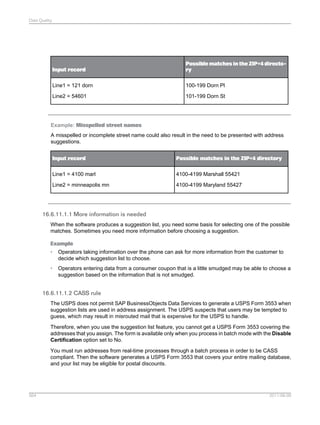 Data Quality

Input record

Possible matches in the ZIP+4 directory

Line1 = 121 dorn

100-199 Dorn Pl

Line2 = 54601

101-199 Dorn St

Example: Misspelled street names
A misspelled or incomplete street name could also result in the need to be presented with address
suggestions.
Input record

Possible matches in the ZIP+4 directory

Line1 = 4100 marl

4100-4199 Marshall 55421

Line2 = minneapolis mn

4100-4199 Maryland 55427

16.6.11.1.1 More information is needed
When the software produces a suggestion list, you need some basis for selecting one of the possible
matches. Sometimes you need more information before choosing a suggestion.
Example
•

Operators taking information over the phone can ask for more information from the customer to
decide which suggestion list to choose.

•

Operators entering data from a consumer coupon that is a little smudged may be able to choose a
suggestion based on the information that is not smudged.

16.6.11.1.2 CASS rule
The USPS does not permit SAP BusinessObjects Data Services to generate a USPS Form 3553 when
suggestion lists are used in address assignment. The USPS suspects that users may be tempted to
guess, which may result in misrouted mail that is expensive for the USPS to handle.
Therefore, when you use the suggestion list feature, you cannot get a USPS Form 3553 covering the
addresses that you assign. The form is available only when you process in batch mode with the Disable
Certification option set to No.
You must run addresses from real-time processes through a batch process in order to be CASS
compliant. Then the software generates a USPS Form 3553 that covers your entire mailing database,
and your list may be eligible for postal discounts.

564

2011-06-09

 