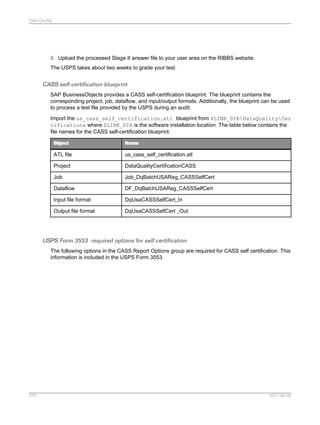 Data Quality

8. Upload the processed Stage II answer file to your user area on the RIBBS website.
The USPS takes about two weeks to grade your test.

CASS self-certification blueprint
SAP BusinessObjects provides a CASS self-certification blueprint. The blueprint contains the
corresponding project, job, dataflow, and input/output formats. Additionally, the blueprint can be used
to process a test file provided by the USPS during an audit.
Import the us_cass_self_certification.atl blueprint from $LINK_DIRDataQualityCer
tifications where $LINK_DIR is the software installation location. The table below contains the
file names for the CASS self-certification blueprint:
Object

Name

ATL file

us_cass_self_certification.atl

Project

DataQualityCertificationCASS

Job

Job_DqBatchUSAReg_CASSSelfCert

Dataflow

DF_DqBatchUSAReg_CASSSelfCert

Input file format

DqUsaCASSSelfCert_In

Output file format

DqUsaCASSSelfCert _Out

USPS Form 3553 required options for self certification
The following options in the CASS Report Options group are required for CASS self certification. This
information is included in the USPS Form 3553.

570

2011-06-09

 