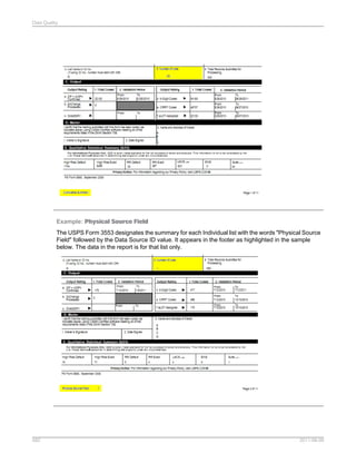 Data Quality

Example: Physical Source Field
The USPS Form 3553 designates the summary for each Individual list with the words "Physical Source
Field" followed by the Data Source ID value. It appears in the footer as highlighted in the sample
below. The data in the report is for that list only.

582

2011-06-09

 