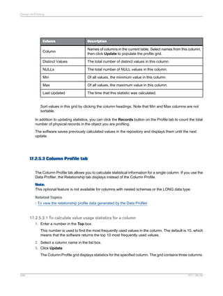 Design and Debug

Column

Description

Column

Names of columns in the current table. Select names from this column,
then click Update to populate the profile grid.

Distinct Values

The total number of distinct values in this column.

NULLs

The total number of NULL values in this column.

Min

Of all values, the minimum value in this column.

Max

Of all values, the maximum value in this column.

Last Updated

The time that this statistic was calculated.

Sort values in this grid by clicking the column headings. Note that Min and Max columns are not
sortable.
In addition to updating statistics, you can click the Records button on the Profile tab to count the total
number of physical records in the object you are profiling.
The software saves previously calculated values in the repository and displays them until the next
update.

17.2.5.3 Column Profile tab
The Column Profile tab allows you to calculate statistical information for a single column. If you use the
Data Profiler, the Relationship tab displays instead of the Column Profile.
Note:
This optional feature is not available for columns with nested schemas or the LONG data type.
Related Topics
• To view the relationship profile data generated by the Data Profiler

17.2.5.3.1 To calculate value usage statistics for a column
1. Enter a number in the Top box.
This number is used to find the most frequently used values in the column. The default is 10, which
means that the software returns the top 10 most frequently used values.
2. Select a column name in the list box.
3. Click Update.
The Column Profile grid displays statistics for the specified column. The grid contains three columns:

599

2011-06-09

 